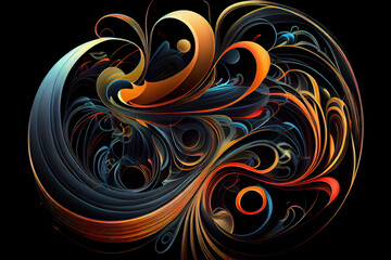 Colored abstract round curves and lines on black background. Generative Ai