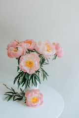 a bouquet of delicate peonies on a white round table in the interior isolated 