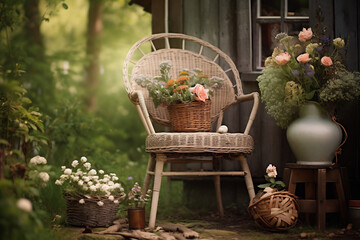 Picture of cottagecore aesthetics. A wicker chair with flowers and pots sitting on soil. Depiction of everyday life. Snapshot aesthetic