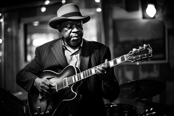 African American jazz musician blues club guitarist. Generative AI - obrazy, fototapety, plakaty
