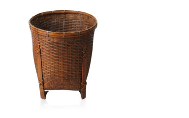 front view antique weave basket made of bamboo on white background, object, decor, vintage, copy space