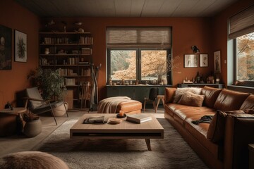 Comfortable family room in cozy autumnal browns, stylish decor ideas, cozy living. Generative AI