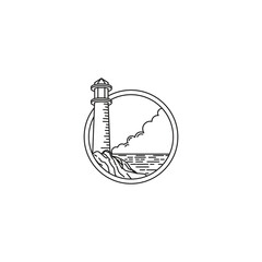 line art logo illustration.
lighthouse on the coast cloudy sky.
monoline design isolated on circle in white background.