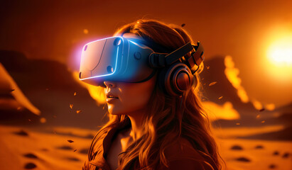 young woman ventures into the depths of virtual reality against a striking red Mars background. Donning a VR headset, she explores a simulated Martian landscape. Generative AI