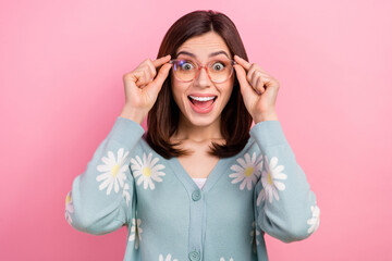 Photo of sweet impressed woman dressed teal outfit arms eyewear open mouth isolated pink color background