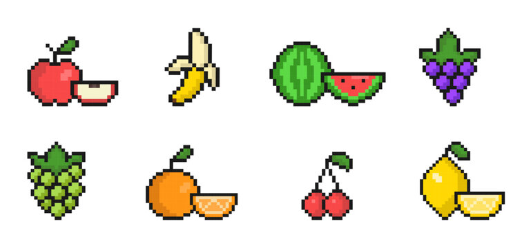 pixel fruit icon set for games or mobile apps, colorful pixel art, old style 8 bit icons, vector collection