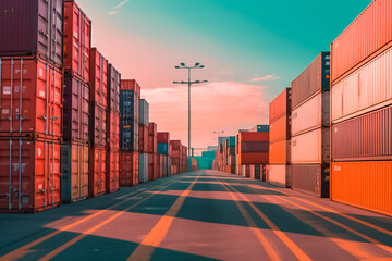 Fototapeta premium massive container ships lined up at an industrial port, their decks filled with neatly arranged cargo containers, representing the interconnectedness of global commerce. generative AI.