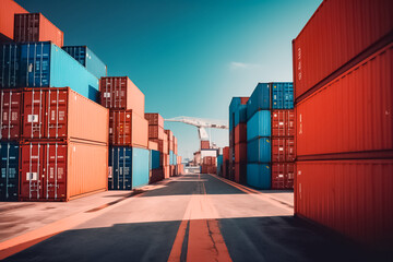 Fototapeta premium massive container ships lined up at an industrial port, their decks filled with neatly arranged cargo containers, representing the interconnectedness of global commerce. generative AI.