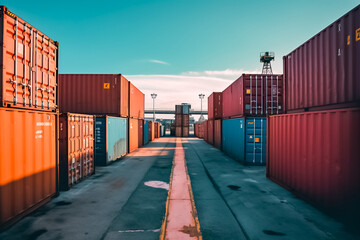 Fototapeta premium massive container ships lined up at an industrial port, their decks filled with neatly arranged cargo containers, representing the interconnectedness of global commerce. generative AI.