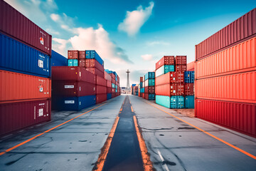 massive container ships lined up at an industrial port, their decks filled with neatly arranged cargo containers, representing the interconnectedness of global commerce. generative AI.