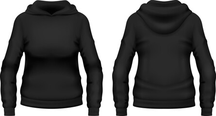Blank black hoodie template. Front and back views. Vector illustration.