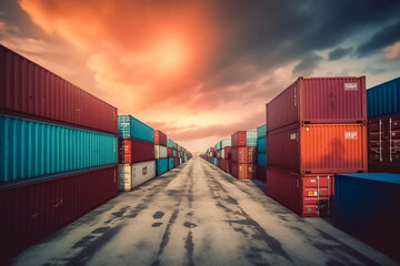 Fototapeta premium massive container ships lined up at an industrial port, their decks filled with neatly arranged cargo containers, representing the interconnectedness of global commerce. generative AI.