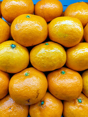 Obraz na płótnie Canvas A photo of a pile of fresh oranges taken with a cell phone in a super market