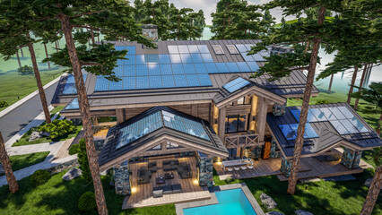 3d rendering of installation Solar panels on the roof of modern cozy chalet with pool and parking for sale or rent. Beautiful forest mountains on background