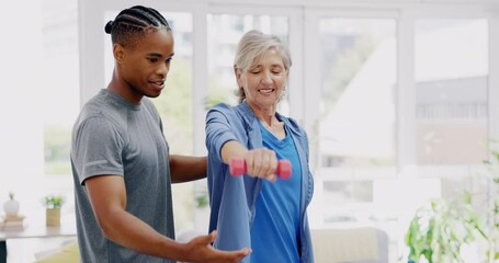 Rehabilitation support, exercise and physiotherapist with a woman for fitness help and muscle recovery. Talking, training and a senior patient working on strength with a black man in physiotherapy