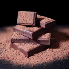 Chocolate. Dark Chocolate Bar Stack. Confectionery, Confection Concept. Dark Key Style Sweets with Cocoa Powder