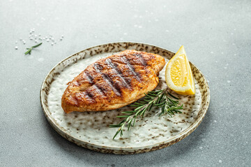 Tasty Grilled chicken fillet, Delicious breakfast or snack, Clean eating, dieting, vegan food concept. top view