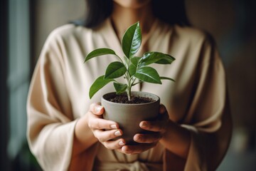 woman holding plant