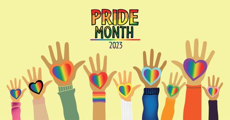 Text Pride Month 2023. People raising hands. hands holding LGBT rainbow flag in shape of a heart. Pride Month flat vector illustration