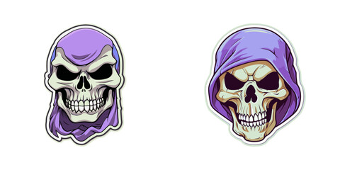Skull in purple hood. Cartoon vector illustration.