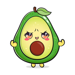 Cute funny Avocado strong. Vector hand drawn cartoon kawaii character illustration icon. Isolated on white background. Avocado shows muscles character concept