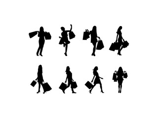 Shopping girl silhouette vector. Woman with shopping bags. Shopping girl icon set in various poses. vector illustration. Young woman carrying bag different style.