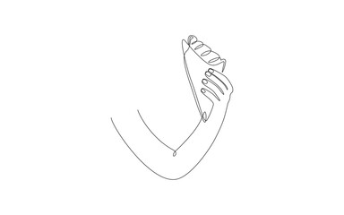 Croissant continuous one line drawing. Hand holding fresh baked pastry. Breakfast theme for logo posters. Vector illustration