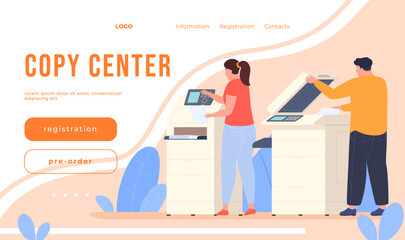 Download page. Workers with printing machines and copiers. Printing workers create advertising printed products. Vector illustration