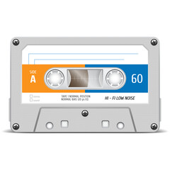Retro audio cassette. Audio tape. Old technology. Realistic vector cassette on a white background.