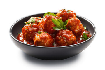 Meatballs in tomato sauce with herbs in black bowl isolated on white background. Ai generative