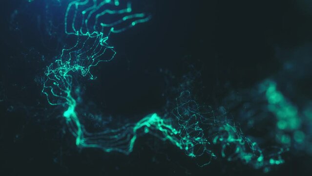 3d Glowing Distorted Light Strings/ 4k animation of an abstract 3d glowing light filament slowly snaking on a distorted path with ambien occlusion and depth of field