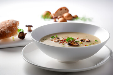 Mushroom soup with fresh mushrooms, autumn seasonal cream soup with vegetables. Generative A 