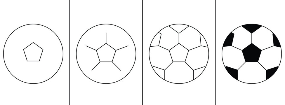 Soccer ball on white. Stages of creating soccer ball. Ball sketch. Vector