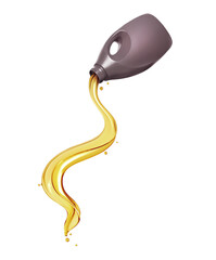 Pouring engine oil from a plastic canister on a white background