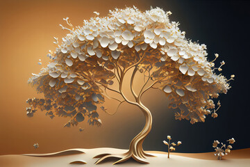 3d picture of a golden tree with white flower beautiful design background. Generative Ai