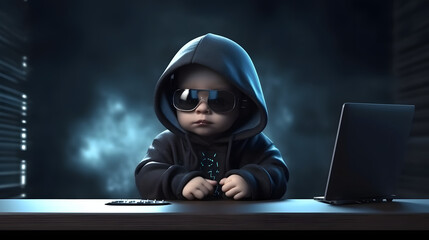 A cute baby cyborg hacker, sitting by the table with laptop, concept of hacking cybersecurity, cybercrime, cyberattack, Generative Ai