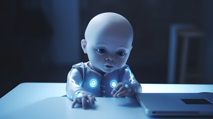 A cute baby cyborg hacker, sitting by the table with laptop, concept of hacking cybersecurity, cybercrime, cyberattack, Generative Ai
