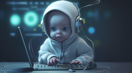 A cute baby cyborg hacker, sitting by the table with laptop, concept of hacking cybersecurity, cybercrime, cyberattack, Generative Ai