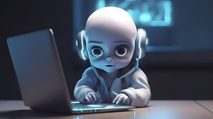 A cute baby cyborg hacker, sitting by the table with laptop ,concept of hacking cybersecurity, cybercrime, cyberattack, Generative Ai