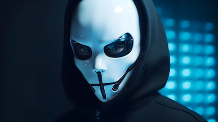 An anonymous cyborg hacker. Futuristic, cyberpunk style, concept of hacking cybersecurity, cybercrime, cyberattack, Generative Ai