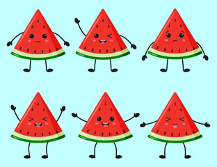 Cute red watermelon set with kawaii eyes. Flat design vector illustration of red watermelon
on blue background.