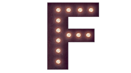 Light bulb glowing letter alphabet character F font. Front view illuminated capital symbol on...