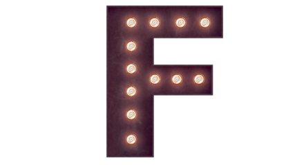 Light bulb glowing letter alphabet character F font. Front view illuminated capital symbol on transparent background. 3d rendering illustration. casino letters.