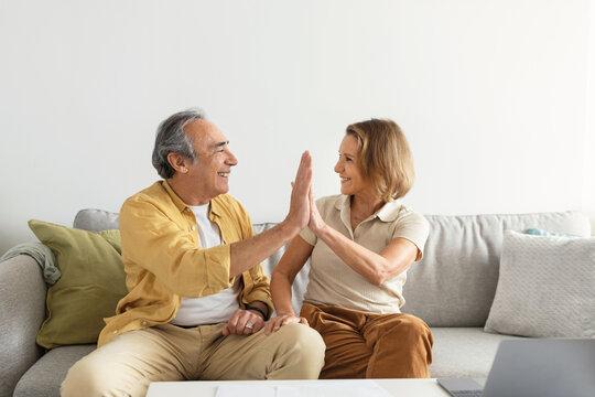 Happy senior couple giving high five using laptop and smiling at each other, sitting on couch at home, copy space