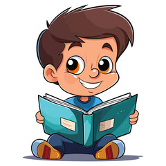 Cute Kid Reading books Colored Illustration Sticker For Coloring Page And Logo for Kids Vector, White Background