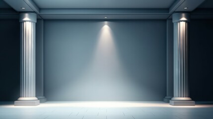 Beautiful gray-blue empty wall with columns with lateral lighting. Minimalistic background for product presentation