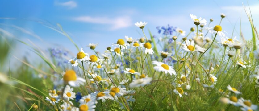 Beautiful field meadow flowers chamomile, blue wild peas in morning against blue sky with clouds, nature landscape, close-up macro. Wide format, copy space. Delightful pastoral airy artistic image