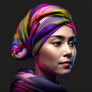 Asian Woman In Profile With Colored Scarf, Generative Ai Technology