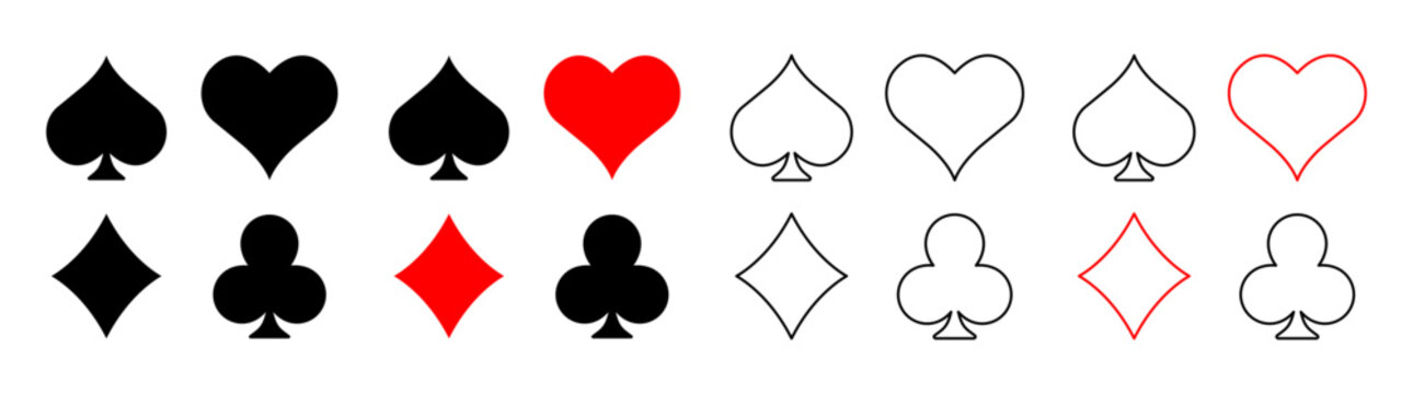 Playing card suits icon set. Casino symbols collection. Vector illustration isolated on white.
