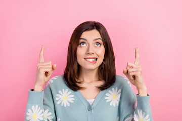 Photo of shiny doubtful lady wear turquoise clothes looking showing two fingers up isolated pink color background